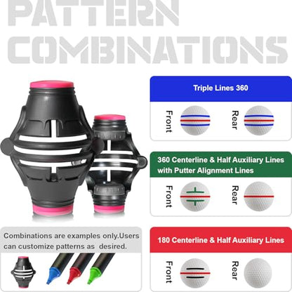 1 Pack 360° Triple Line Golf Ball Marker，Golf Ball Line Marker Tool，Golf Ball Marker Stencil，Alignment Ball Marker，Golf Accessories - color: 1 Pack 360° Triple Line Golf Ball Marker（Black&Pink）