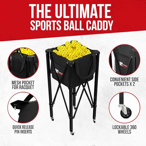 [2-in-1 Set] Tennis & Pickleball Hopper with Pickup Tube – Pickleball Caddy with Collapsible Metal Frame Ball Basket and Wheels & Carry Case – 120 Tennis Balls or 100 Pickleball Ball Holder (Pin)