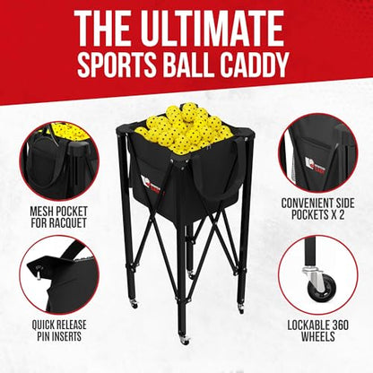 [2-in-1 Set] Tennis & Pickleball Hopper with Pickup Tube – Pickleball Caddy with Collapsible Metal Frame Ball Basket and Wheels & Carry Case – 120 Tennis Balls or 100 Pickleball Ball Holder (Pin)