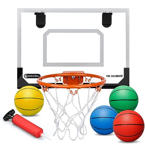 Mini Basketball Hoop Set for Kids Adults, Indoor Play Wall Mount Basketball Hoop for Door with 4 Small Replacement Toddler Basketballs, ABS Backboard Metal Rim Goal Sport Gifts for Pool Game Fun - style: Standard + Rainbow Rubber Basketballs