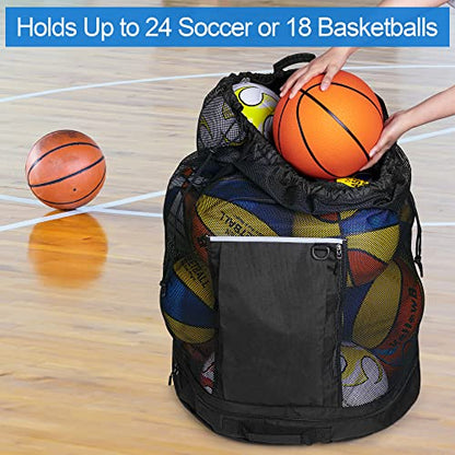 GOBUROS Extra Large Mesh Ball Bag, Basketball and Soccer Ball Bag with Drawstring System and Adjustable Shoulder Strap for Basketball, Soccer, Football, Volleyball, Rugby and Beach Sports, Black