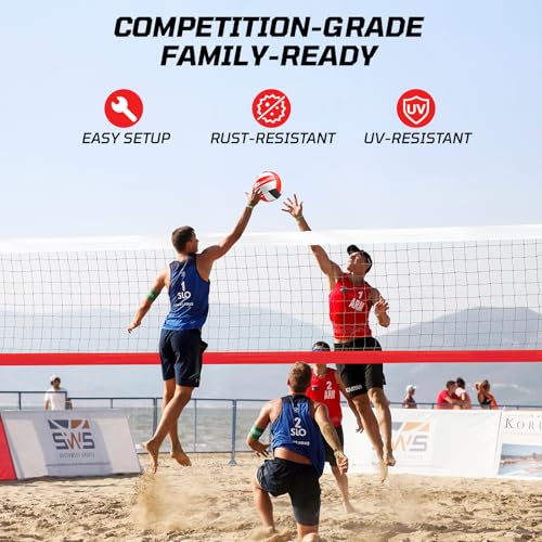 Haokelball Outdoor Volleyball Net Set for Backyard, 32FT Regulation, 3-Level Adjustable Height & Anti-Sag Tension System, Heavy Duty Thick Poles, Includes Volleyball, Pump, Boundary Line and Carry Bag