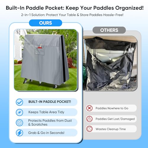 NEVERLAND Ping Pong Table Cover Outdoor Waterproof, Table Tennis Cover Indoor & Outdoor Fits Universal 9x5 FT Tables Folding & Flat Tables with Paddles Organize Bag, 600D Oxford Fabric, Gray