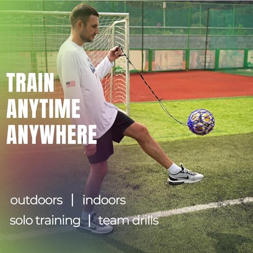 Handle Solo Soccer Kick Trainer with New Ball Locked Net Design, Soccer Ball Bungee Elastic Training Juggling Net (Fits Ball Size 3, 4, 5) - color: Blue