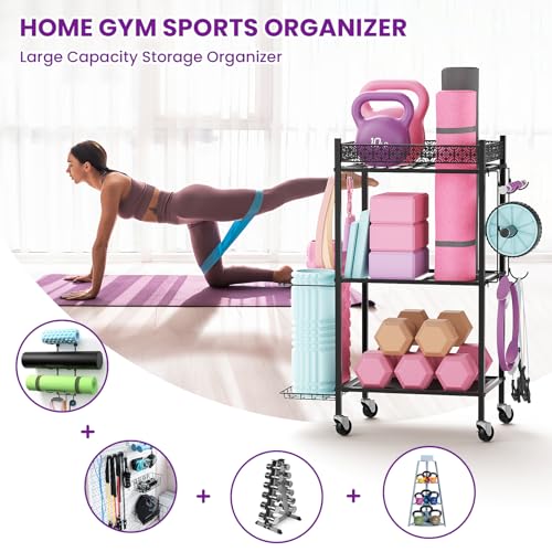 Yoga Mat Storage Rack, Home Gym Storage Rack, VOPEAK Workout Storage for Yoga Mat, Foam Roller, Gym Organizer Gym Equipment Storage for Home Exercise and Fitness Gear