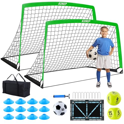 2 Set Kids Soccer Goals for Backyard with Training Equipment, Portable Foldable Practice Nets with Ball, Dice & Mat, Cones, Air Pump and Carry Bag for Toddler Youth Outdoor Sports Game - color: Green