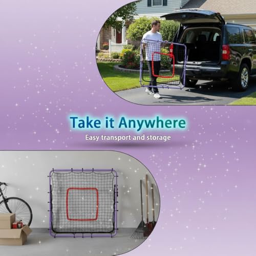 Soccer Rebounder Net, Adjustable Angle Multi-Sport Training Goal for Kids & Teens Ages 3+, Portable Backyard Practice Net with Lavender Frame & Red Target Grid