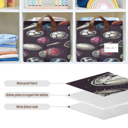 Ollabaky Collapsible Rectangular Closet Storage Bin Sports Rugby Football Soccer Baseball Basketball Tennis Hockey Puck Bowling Volleyball Shelf Basket Box with Leather Handles - Storage Cube, Nursery
