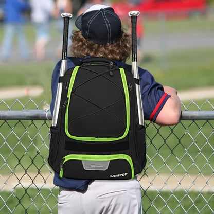 LARIPOP Youth Baseball Bag, Bat Backpack with Fence Hook & Separate Shoe Compartment, Waterproof Equipment Bag for Baseball, T-Ball & Softball