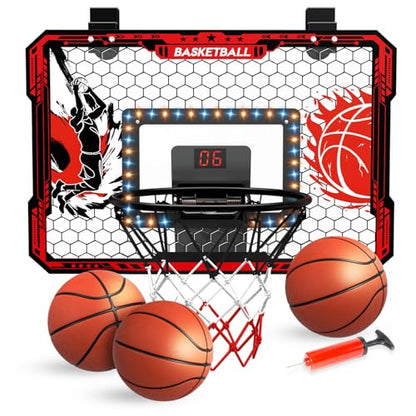 Over The Door Basketball Hoop, 2025 Upgrade Indoor Basketball Hoop with LED Lights and Scoreboard, Includes 3 Balls & Pump, Toys Gifts for3 4 5 6 7 8 9 10 11 12 Year Old Boys - Mini Basketball Hoop