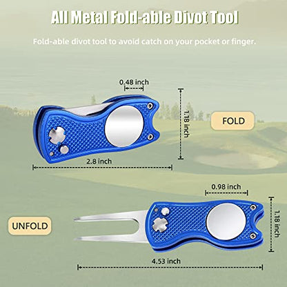 Mile High Life Golf Divot Repair Tool, All Metal Foldable Divot Tool with Pop-up Button & Magnetic Ball Marker, 2-6 Pack - color: 4 Pack (Black*2/Blue/Red )