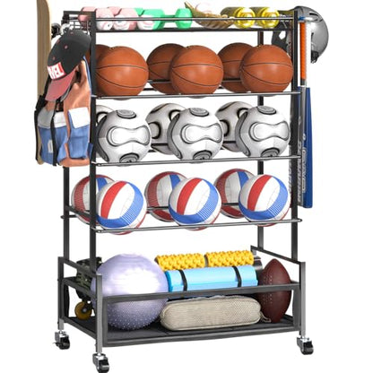 SOYEEZE Garage Sports Equipment Organizer-Large 5 Layer Ball Storage, Basketball Stand Holder, Outdoor toy storage, Baseball Bat Rack, Rolling Ball Cart with Hooks and Wheels for Indoor/Outdoor Use - style: 5 Tiers
