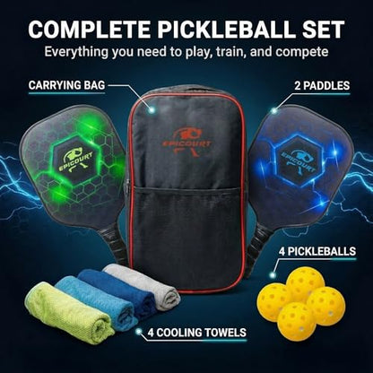 Pickleball Paddle Set - USAPA Approved Fiberglass Paddles | Lightweight Honeycomb Core | Includes 4 Balls, Carry Bag, and Cooling Towels | Ideal for All Players by EPICOURT - size: 2 Pack, style: Sport