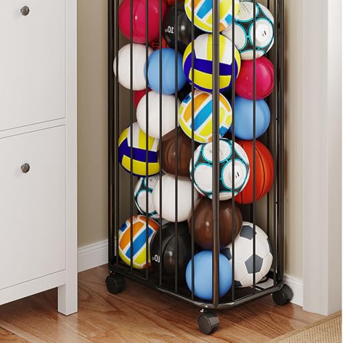 Garage Ball Storage Rack, Vertical Basketball Holder with Wheels, Rolling Ball Storage Cart Garage Sports Equipment Organizer for Footbal Volleyball Soccer Gym