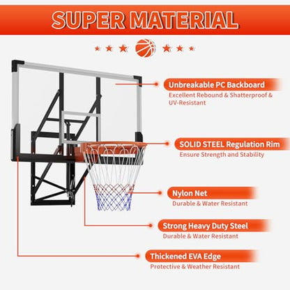 54 Inch Wall Mounted Basketball Hoop, 8-10 FT Adjustable Height Shatterproof PC Backboard Basketball Goal with 18 Inch Solid Rim for Indoor & Outdoor Use, Home, Gym, Backyard