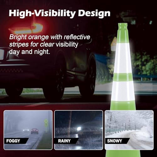 4 Pack 36 Inch Green PVC Traffic Cones Black Base Stable Large Size, Highway Traffic Outdoor Construction Safety Warning Cones (4, Green, 36 Inch) - color: Green, size: 36 Inch