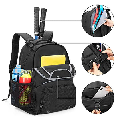 Tennis Backpack for 2 Rackets, Tennis Bag with Separate Ventilated Shoe Space for Tennis/Pickleball/Badminton/Squash Racquet and Accessories