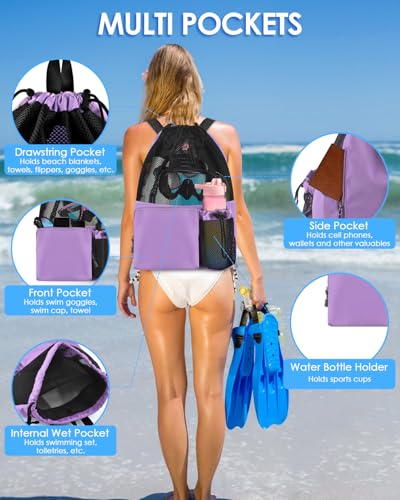 BROTOU Swim Bag Beach Backpack with Wet Pocket Mesh Drawstring Bags for Swimming, Gym - color: Purple