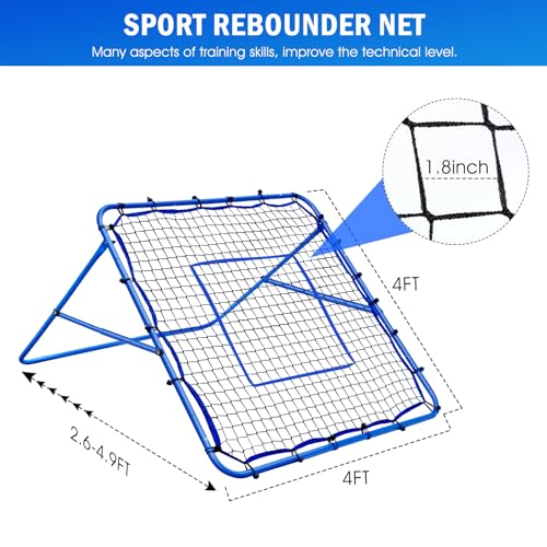 Volleyball Baseball Rebounder Net, Softball Rebounder Pitchback Net Quick Adjustments, Quick Adjustments Lacrosse Bounce Back Practice Equipment, Ideal for Outdoor Indoor and Backyard Training - size: 4FTx4FT, style: Multi-Sport Rebounder Net