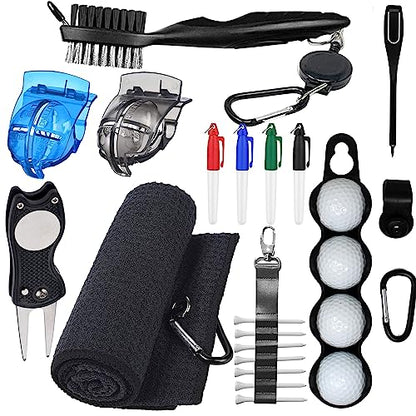 Golf Accessories Kit - Includes Towel, Ball Holder, Brush, Divot Repair Tool, 2 Ball Alignment Stencil, Tee Holder, Putting Marker, 4 Permanent Markers, Pencil