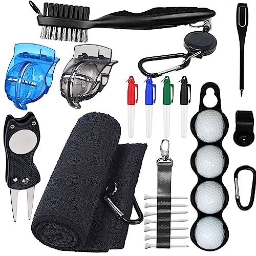 Golf Accessories Kit - Includes Towel, Ball Holder, Brush, Divot Repair Tool, 2 Ball Alignment Stencil, Tee Holder, Putting Marker, 4 Permanent Markers, Pencil