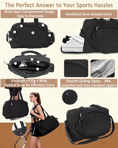 Roomy Tennis Gym Bag for Women - Tennis Tote Holds 2 Rackets, Shoe Compartment&Wet Pocket, Lightweight Sports Duffle, Fits 15.6" Laptop, Overnight Weekend Bag with Shoulder