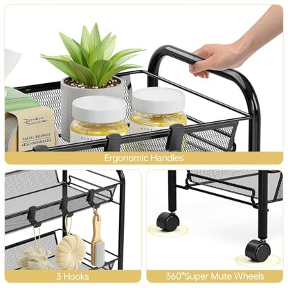 TOOLF 5-Tier Metal Utility Cart with 3 Hooks, Easy Assemble Mobile Storage Trolley On Wheels, Metal Shelving Units Kitchen Bathroom Laundry Room - color: Black, size: 5-Tier