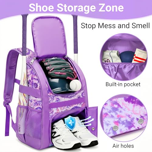 Youth Baseball Bag - Softball Bag for Girls & Boys with Shoes Compartment, Bat Backpack for Baseball, T-Ball & Softball Equipment - color: Tie-dye-Purple