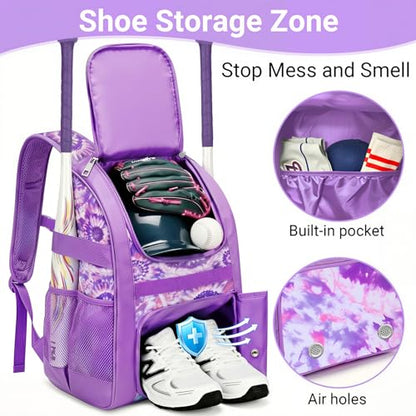 Youth Baseball Bag - Softball Bag for Girls & Boys with Shoes Compartment, Bat Backpack for Baseball, T-Ball & Softball Equipment - color: Tie-dye-Purple