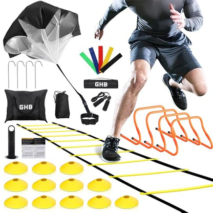 GHB Agility Ladder,Football Training Equipment Set,4 Agility Hurdles, 20 feet12 Rungs Speed Ladder,12 Disc Cones,Resistance Parachute, Jump Rope, 5 Resistance Bands - color: Yellow