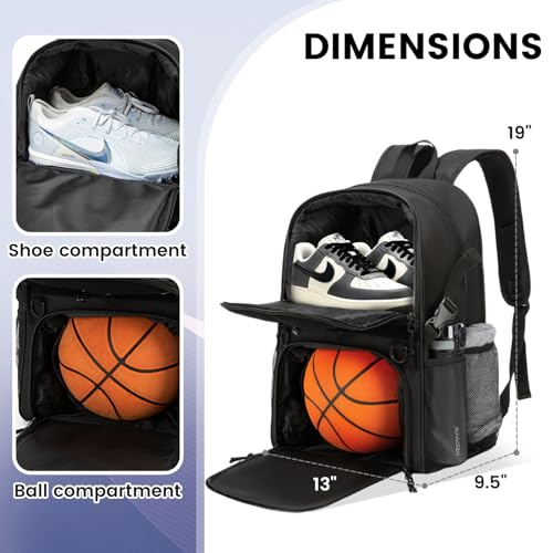 Basketball Bag Backpack with Ball Holder and Shoes Compartment,Best for Basketball, Soccer, Volleyball, Gym. (BLK)