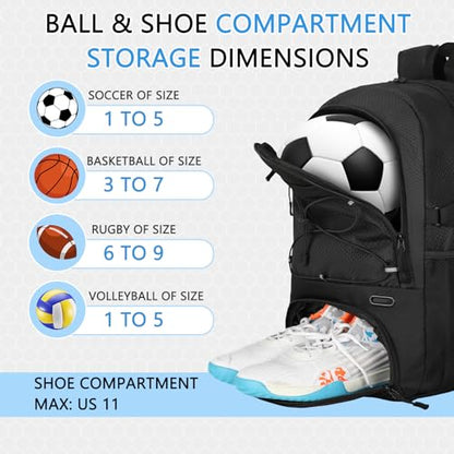 Goloni 30L Sports Backpack with Ball Compartment & Ventilated Shoe Pocket,Basketball Soccer Bag for Youth Boys Girls - color: Black