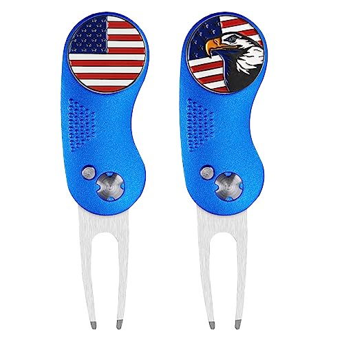 FINGER TEN Golf Divot Repair Tool and Ball Marker Switchblade Value Pack, Foldable Magnetic Stainless Steel with Pop-up Button for Men Women - color: C: 2 in Blue
