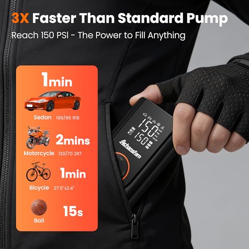 L9 Pro Tire Inflator Portable Air Compressor, 150PSI Cordless Bike Pump, Electric Air Pump with Digital Pressure Gauge, LED Light, Auto Shut-Off, for Motorcycle, Bicycle, Car, Ball