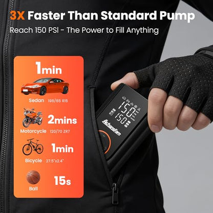 L9 Pro Tire Inflator Portable Air Compressor, 150PSI Cordless Bike Pump, Electric Air Pump with Digital Pressure Gauge, LED Light, Auto Shut-Off, for Motorcycle, Bicycle, Car, Ball
