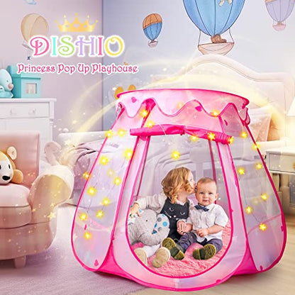 Princess Castle Girls Play Tent with Rug Pop Up Play Tent for Toddlers Kids DISHIO Playhouse Toys for 1 Year Old Birthday Gift Fairy for Girls with Lights Indoor Outdoor Kids with Mat - style: Tent with pink rug/lights