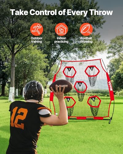VEVOR 6x6ft Football Trainer Throwing Net, Training Throwing Target Practice Net with 5 Target Pockets,Football Training Equipment Includes Portable Carry Case,Great for Quarterback - color: Red