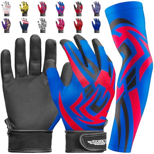 Exxact Sports Youth Batting Gloves with Arm Sleeve for Boys & Girls, Kids Baseball Batting Gloves for Softball, T-Ball - color: ROYAL BLUE TATTOO, size: Youth Small / Medium