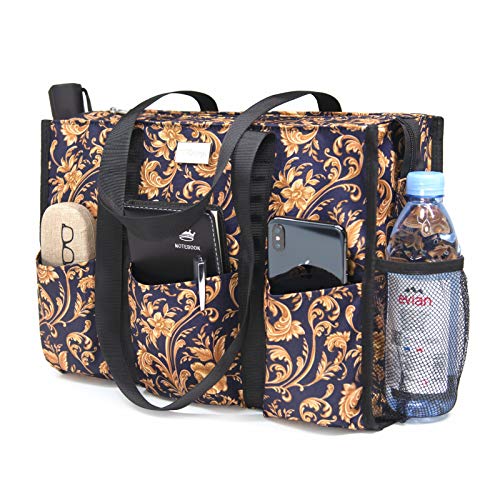 TOPDesign Utility Water Resistant Tote Bag with 13 Pockets, Top Zipper Closure & Thick Bottom Support, for Working Women - color: Baroque Gold, size: Large