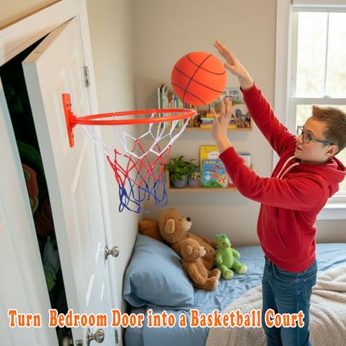 Indoor Silent Basketball Hoop, Compatible with Size 7 Basketball (No Ball Included), Foldable Adhesive Wall-Mount No-Drill Hoop for Bedroom, Office & Home, Space-Saving Design