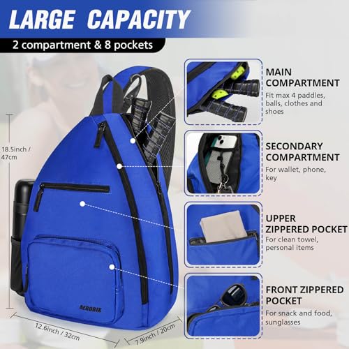 AEROBIX Pickleball Bag for Women & Men, Pickle Ball Backpack - Upgraded Zippers, Large Capacity, Padded Paddle Pocket, Adjustable Sling Bag (No Accessories) - color: BLUE