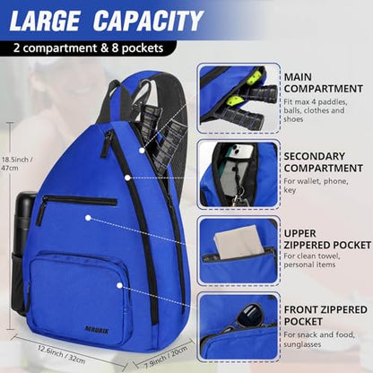 AEROBIX Pickleball Bag for Women & Men, Pickle Ball Backpack - Upgraded Zippers, Large Capacity, Padded Paddle Pocket, Adjustable Sling Bag (No Accessories) - color: BLUE