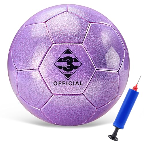 Glitter Purple Soccer Ball Size 3 with Pump & Needle/Mesh Bag, Sofu PU Soccer Ball Kit for Indoor Outdoor Practicing Training Playing Gift Teens Youth Adults