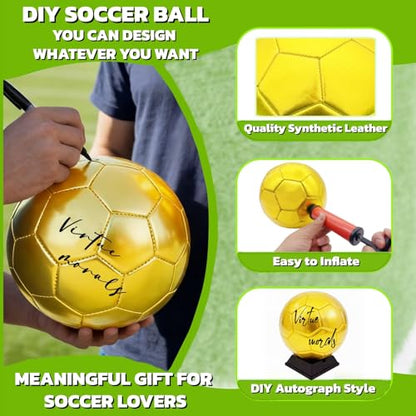 Gold Soccer Ball Size 3 Autograph Football with Display Stand and Air Pump for Trophies, Awards, Championship Party