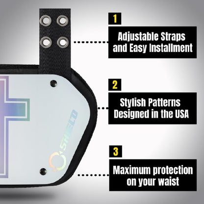 O Shield Golden Cross Chrome Football Back Plate, Lower Back Pads for Football Players, Rear Protector, Cross Series - size: Youth (Weight less than 180 Pounds), style: Holy Cross White