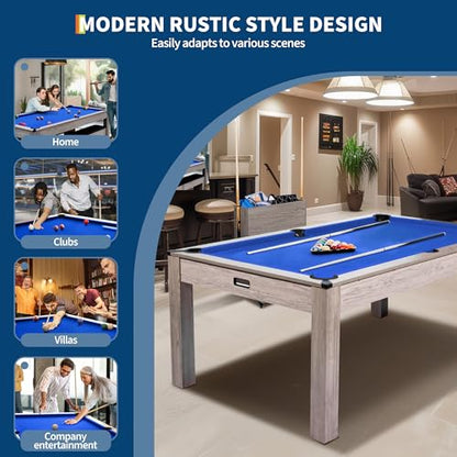 Garvee 7FT 3-in-1 Pool Table with Dining Top & Table Tennis, Multi Game Billiard Table Set with HDF Wood Grain Finish, Includes Cues, Balls, Ping Pong Paddles and Rolling Storage Caddy - color: Blue