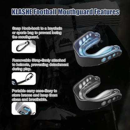 2 Pack Upgrade Football Mouth Guard for Youth and Adult with Case and Strap Sport Mouthguard Football Protection for Boxing, Basketball, Hockey Karate Rugby MMA (Youth 8-16Years) - size: Youth（8-16）