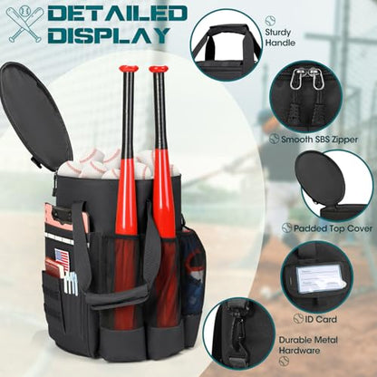 RAINSMORE Baseball Bucket Bag Tactical Baseball Coaches Bag with Insulation Pocket Lightweighht Softball Baseball Bag Backpack for Adult Multiple Pockets for Balls, Bat, Gloves, Scoreboards