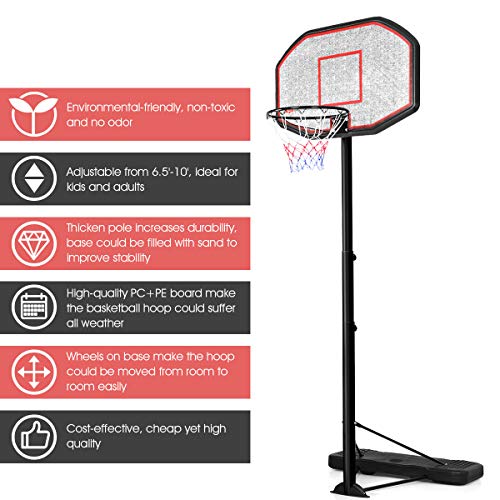 Giantex Portable Basketball Hoop 10 Ft, Adjustable Height 6.5-10 Ft, 43 Inch Backboard Basketball Goal, Suit for Court, Driveway, Garage, Indoor Outdoor Basketball Hoop for Kids, Youth, Junior