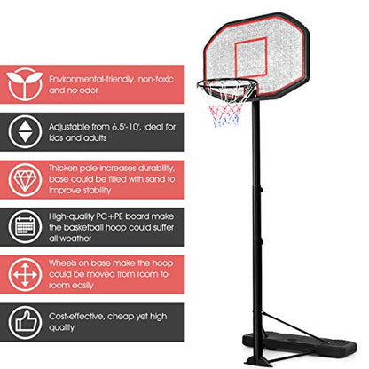Giantex Portable Basketball Hoop 10 Ft, Adjustable Height 6.5-10 Ft, 43 Inch Backboard Basketball Goal, Suit for Court, Driveway, Garage, Indoor Outdoor Basketball Hoop for Kids, Youth, Junior